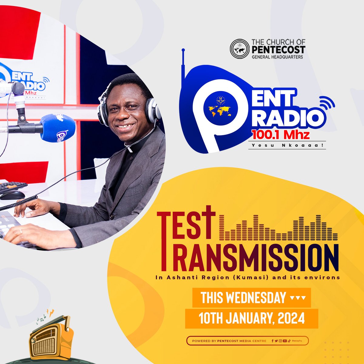 thecophq's tweet image. Great news! 🍾✨

Are you ready for some fellowship and fun?

Tune in to PentRadio 100.1 Mhz 📻 this Wednesday, 10th January 2024, and join us for our test transmission in Kumasi and its environs.

1/2