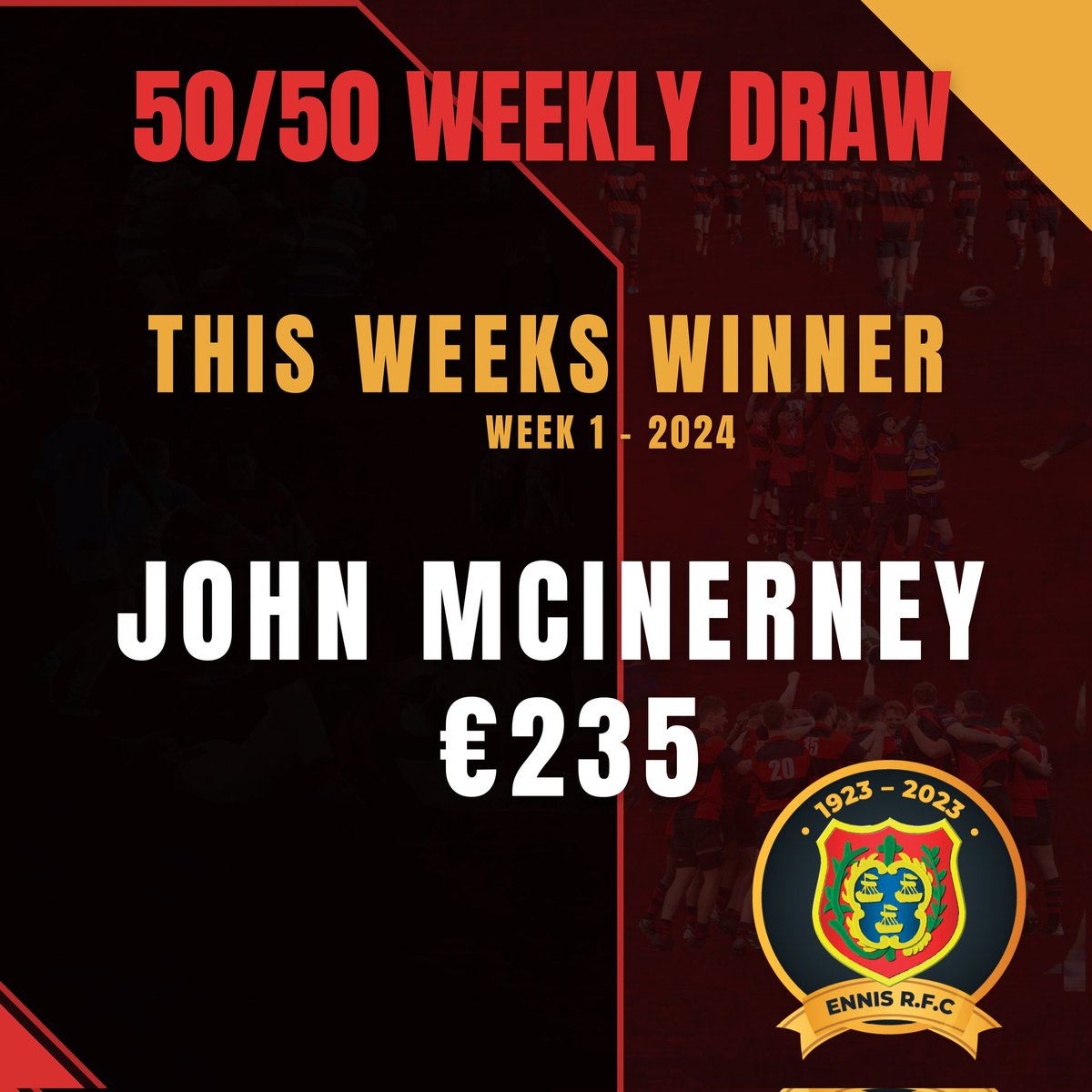 Our first 50/50 Winner of 2024!!! 🙌🎊 Congratulations to John!! Tickets can be purchased on our website! #50/50 #ennisrugby