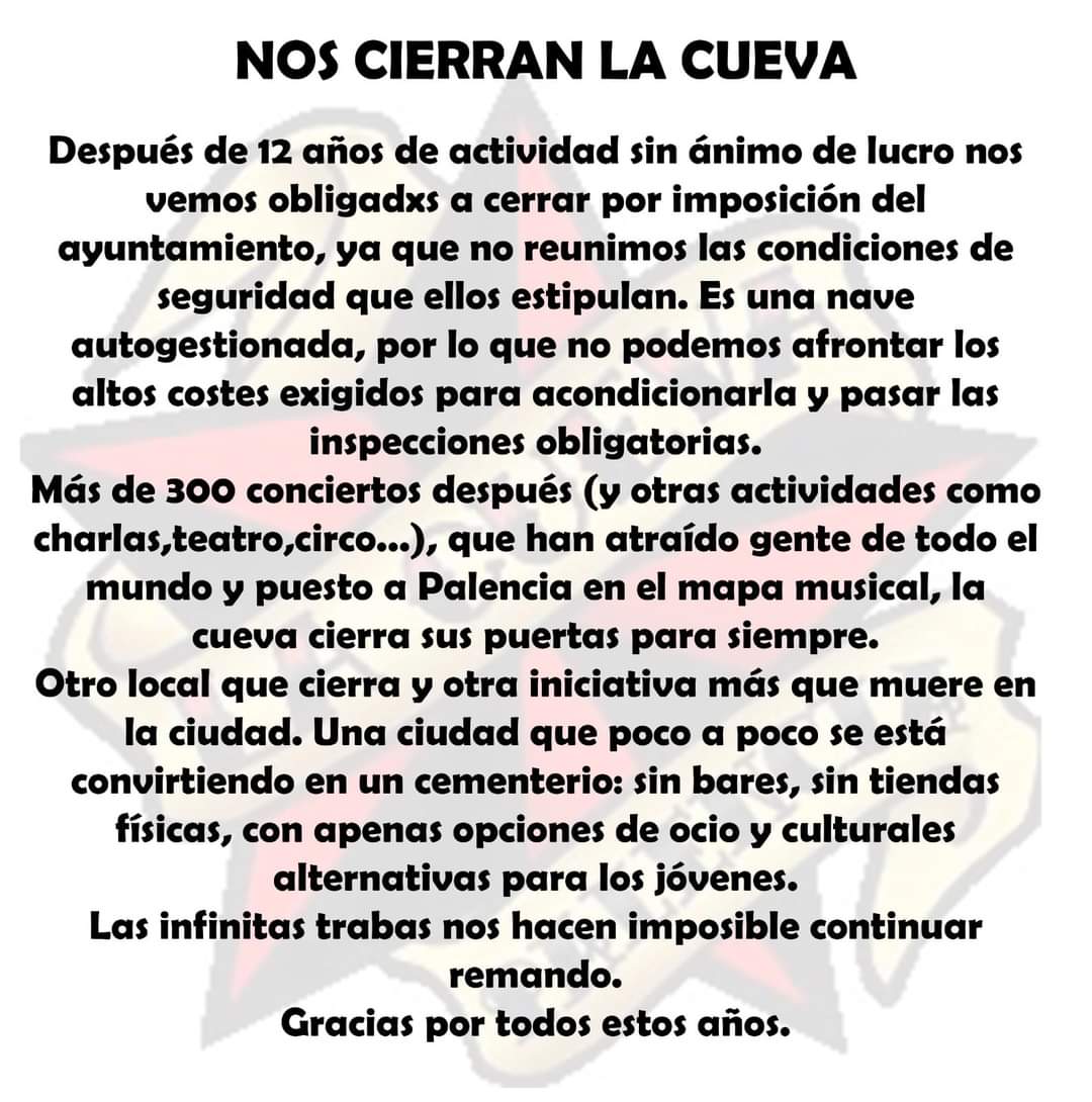 CsaRatonera's tweet photo. Cuanta pena y rabia nos da esta noticia. Años y años remando para que de un día para otro te toquen y te hundan. 
La ciudad va muriendo poco a poco, la contracultura se extingue. https://t.co/z6BDNqst0D