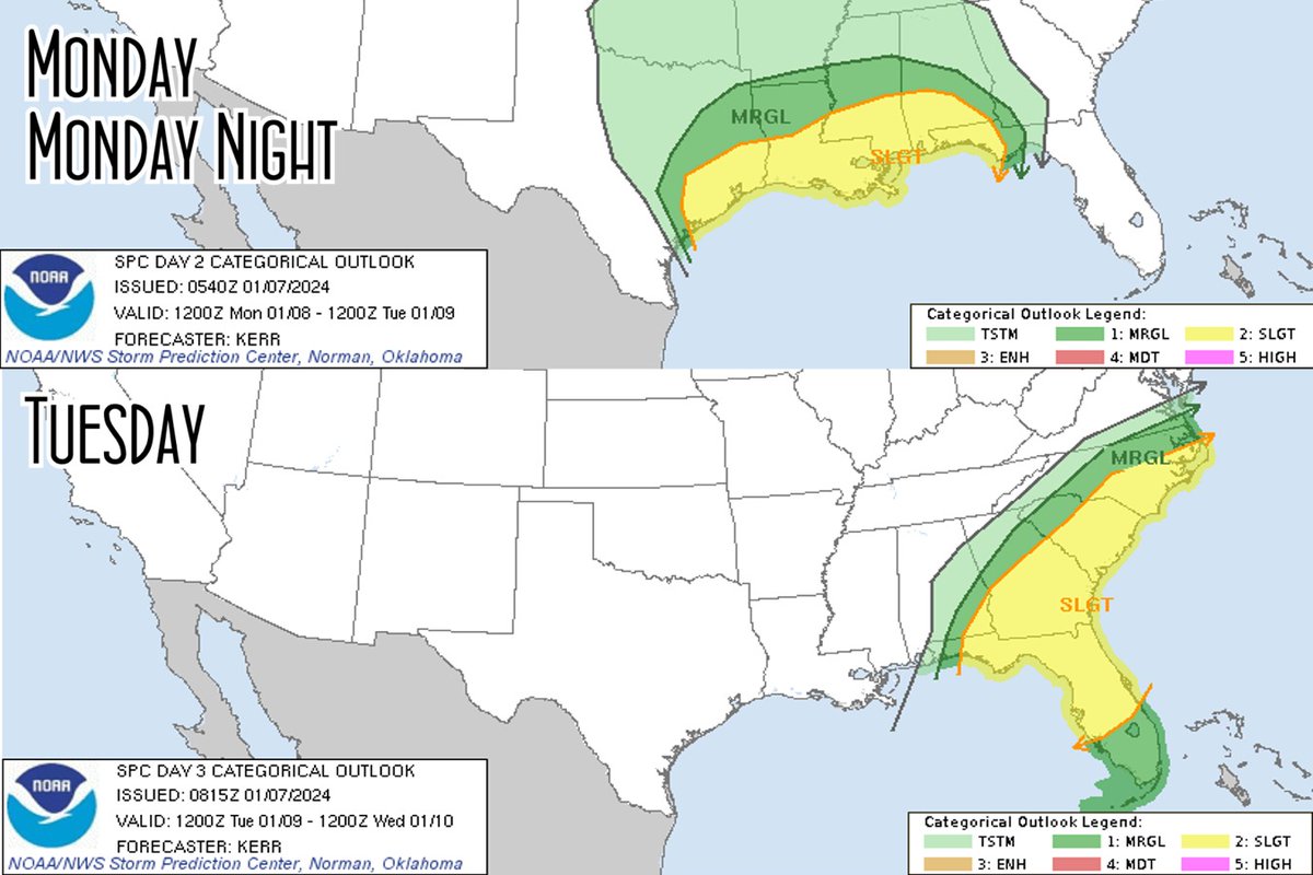 tropicalupdate's tweet photo. SPC Storm Prediction Center maps for Monday and Tuesday here. Deepening low pressure still expected to dip deep then pull NE bringing severe weather with it. Lots to watch with this one as far as impactful weather goes. Most of the eastern US will feel something. https://t.co/0EQMEw6Iu0