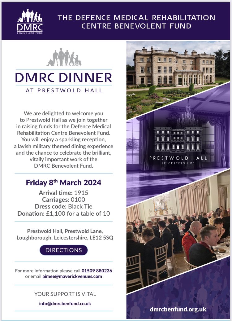 Really looking for to this. A fantastic military themed evening planned at Prestwold Hall, fundraising for DMRC Benevolent Fund. We hope that some of you will join us. #HelpingThoseWhoServeTheirCountry 🥂