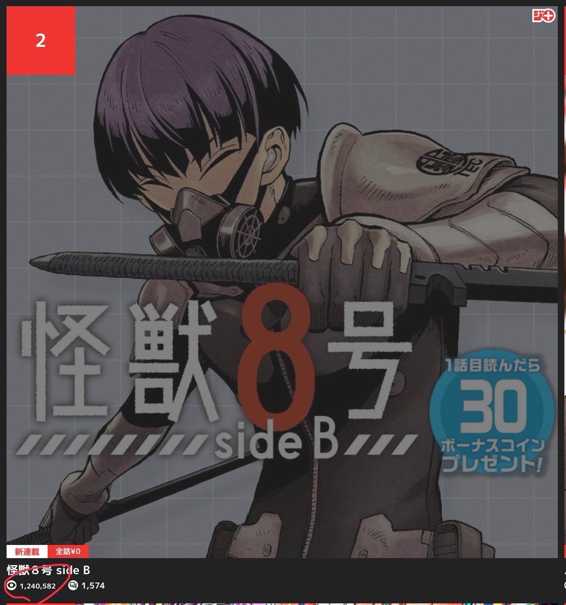 怪獣8号 side B』第1話閲覧数120万を突破しました！ 沢山のご愛読ありがとうございます 未読の方はぜひご一読を  1、2話掲載後は隔週での掲載を予定しています