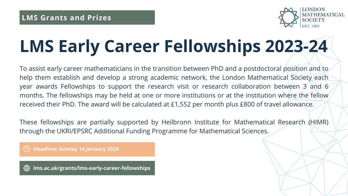 The 2023-24 Round of LMS Early Career Fellowships closes in 7️⃣  days!

These are open to early career mathematicians in the transition between PhD and a postdoctoral position.

For further details ➡️ lms.ac.uk/grants/lms-ear…