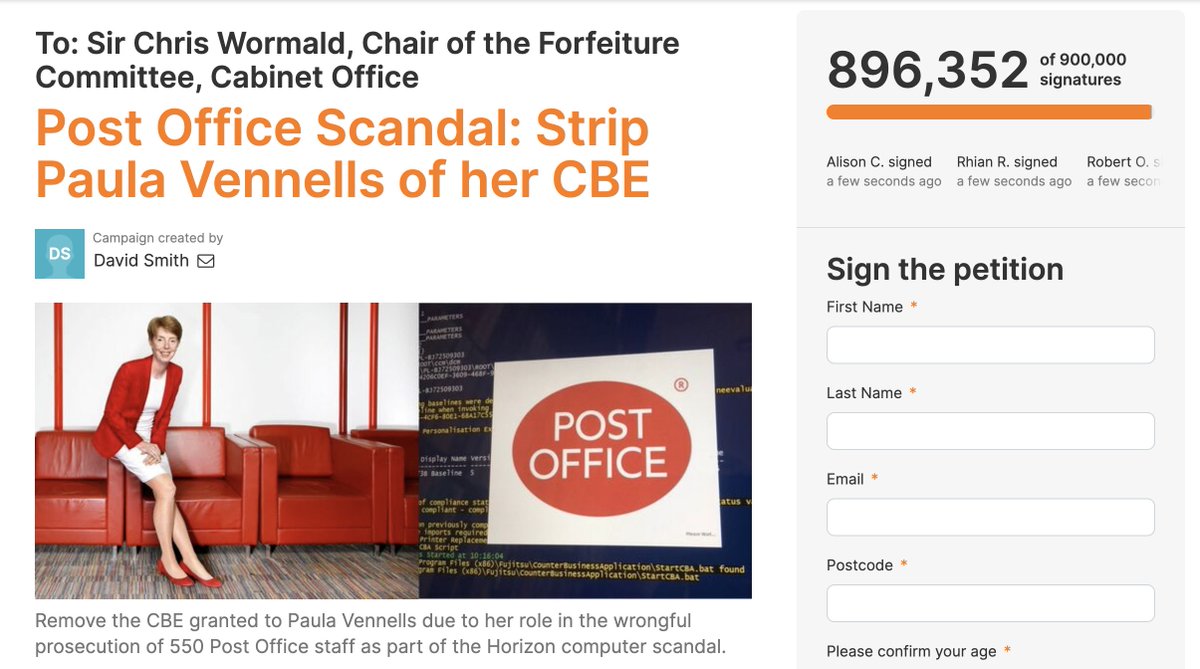 David's petition to strip Paula Vennells of her CBE has gone from 1k to nearly 896k in just 5 days. Hundreds of thousands demanding action will be hard to ignore...but 1 MILLION of us will be even tougher. Please sign & RT: 38d.gs/PostOffice_TW01 #MrBatesVsThePostOffice