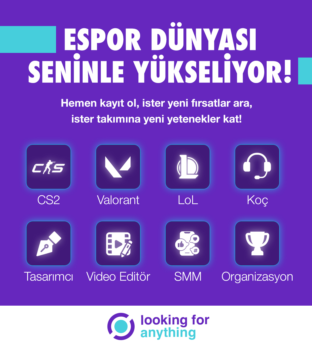 Espor sektöründe iş, takım ve yetenek fırsatları artık bir tık uzağınızda! 🔍 Looking for Anything, başta Espor dünyası olmak üzere sektörde yeni fırsatları arayan oyuncu, tasarımcı, video editör ve bunun gibi birçok alanda kendine bir yenilik arayanları buluşturur. #LFAnything…