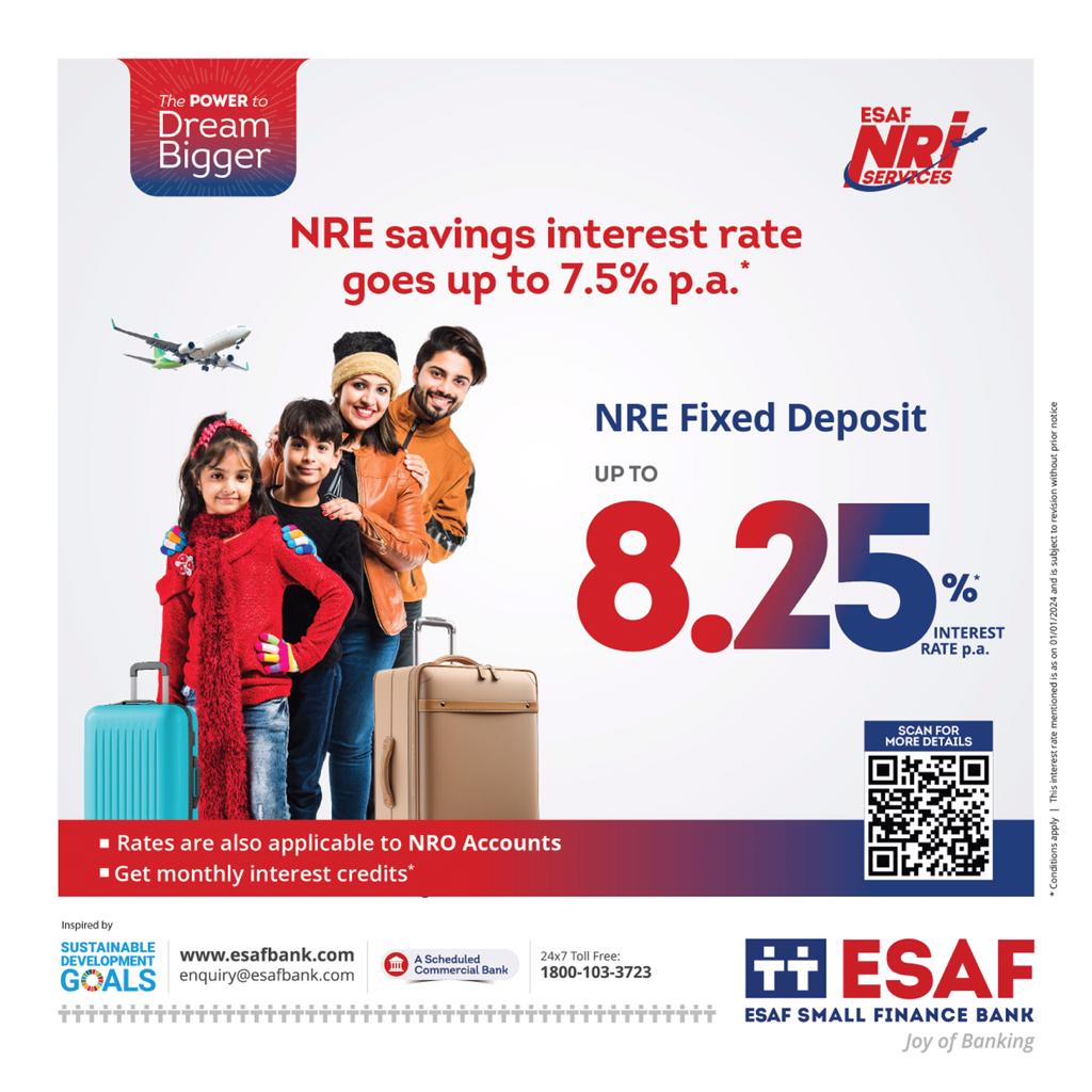 ESAFBank's tweet photo. ESAF Small Finance Bank offers a bouquet of NRI services. The joy of higher interest rates of 7.5% p.a. for NRE Savings and 8.25% p.a. for NRE FD is now possible with ESAF NRI Services.
#ESAFBank #JoyOfBanking #thepowertodreambigger #NRE #NRI #NRIFD https://t.co/C8TGFPSTBb