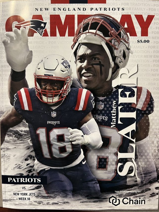 Savageboston's tweet photo. Patriots living legend Matthew Slater is on the cover of the Gameday magazine today.  

He is likely retiring after today’s game.  

THANK YOU! 

FUTURE HALL OF FAMER! https://t.co/AMzcx09yjf