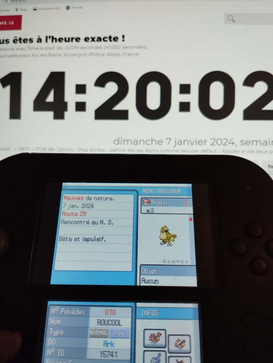 [44] Roucoul shiny capturé route 29 de Soul Silver aprés 4307 rencontres. Il deviendra un Roucarnage a termes. Elle s'appelle Triniti car c'est le troisième Roucool d'affilé. Premier shiny 2024... L'année promet