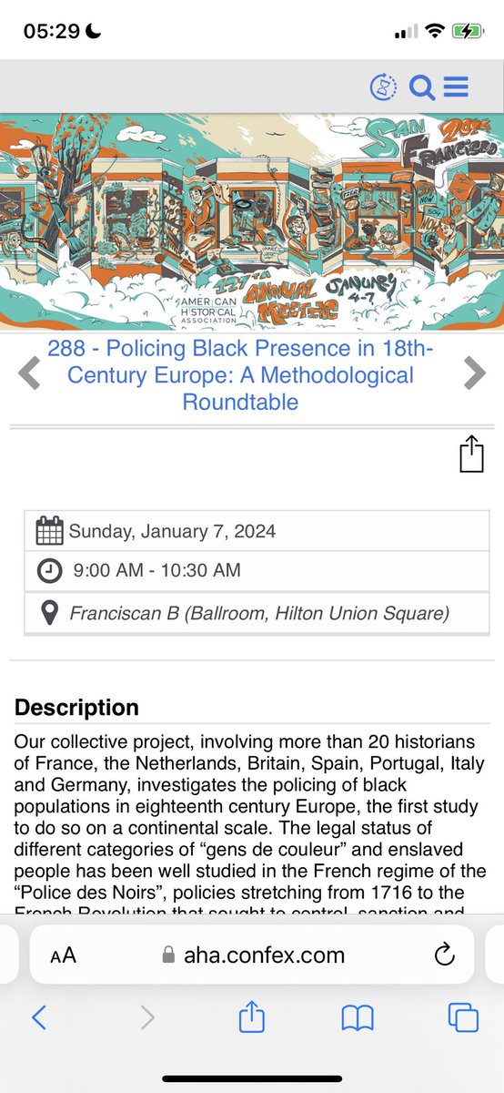 This is today ! Join us for a conversation about Policing Black presence in 18th c. Europe, our project in progress. At the #AHA2024  in San Francisco. With @Histor_Ian, @clpichichero and Dana Rabin.