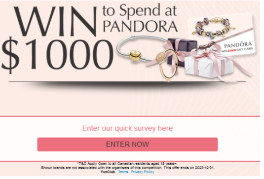 FREE GIVEAWAY  :Win Your Pandora Gift Card Now!
Wow I Get a chance to Win Your Pandora Gift Card Now!.  Its  only available for the people of the  Canada. If you like to get a Win Your Pandora Gift Card Now! Then Follow These Steps>> Only Task
More info>>>tinyurl.com/2sat9rdm