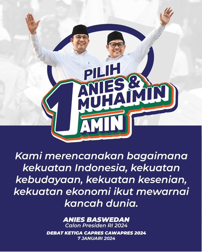 “Kita ingin film kita, seniman kita, kuliner kita, diplomatik kita, para diaspora kita, menjadi fenomena dunia, hadir mewarnai kancah internasional,”. 

<a href="/aniesbaswedan/">Anies Rasyid Baswedan</a> 
<a href="/cakimiNOW/">A Muhaimin Iskandar</a> 

#AMINajaDulu
#AniesUnggul
#PakaiOtakPakaiHati