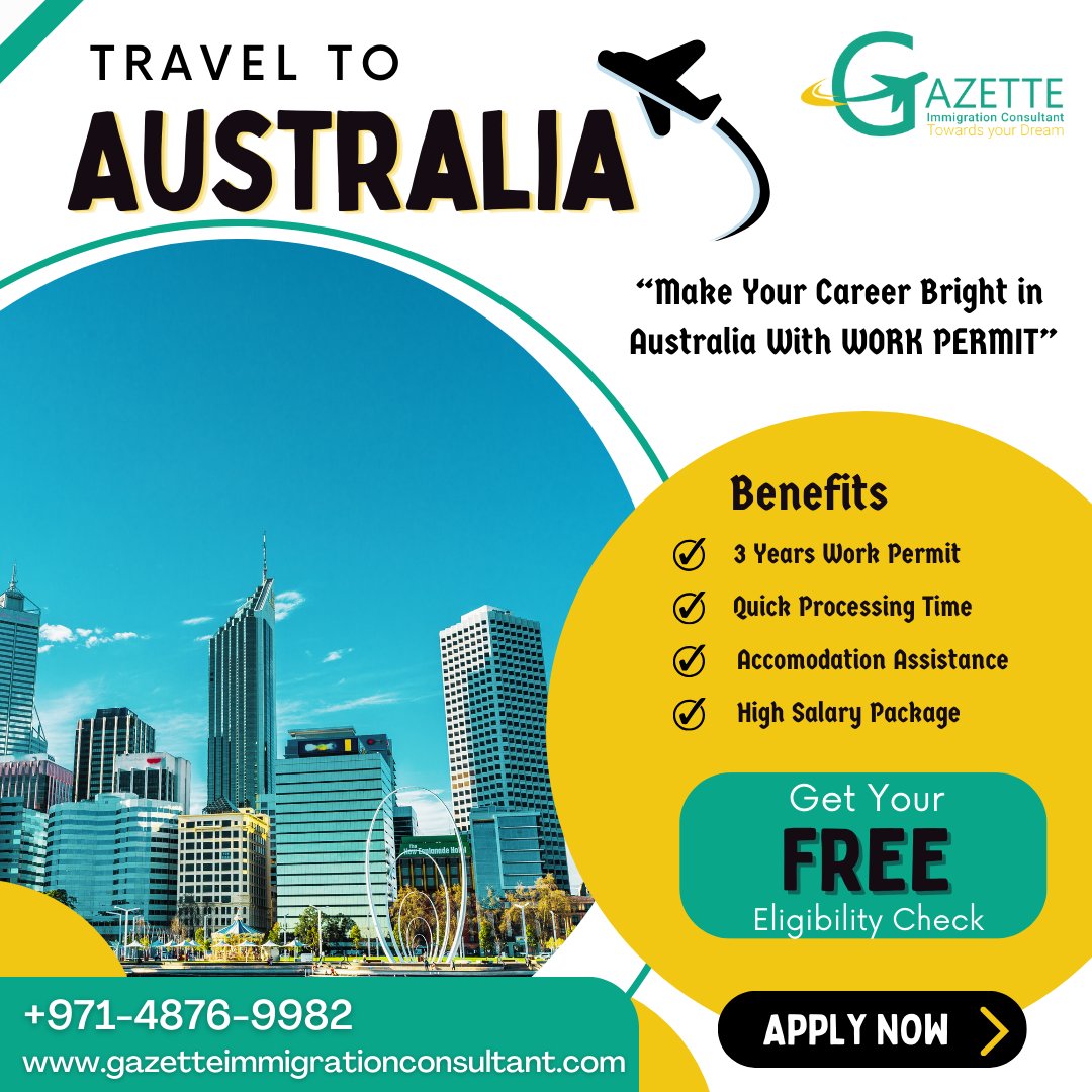 Do you want to Migrate to Australia?
Unlock your Australia dream with a Work Permit!
Contact us +971-48769982
🌐 Website: 

#SkilledMigration #Australiaworkpermit #Australia #gazetteimmigration #SkilledVisa #AustraliaImmigration #Australiaworkvisa #immigrationservices