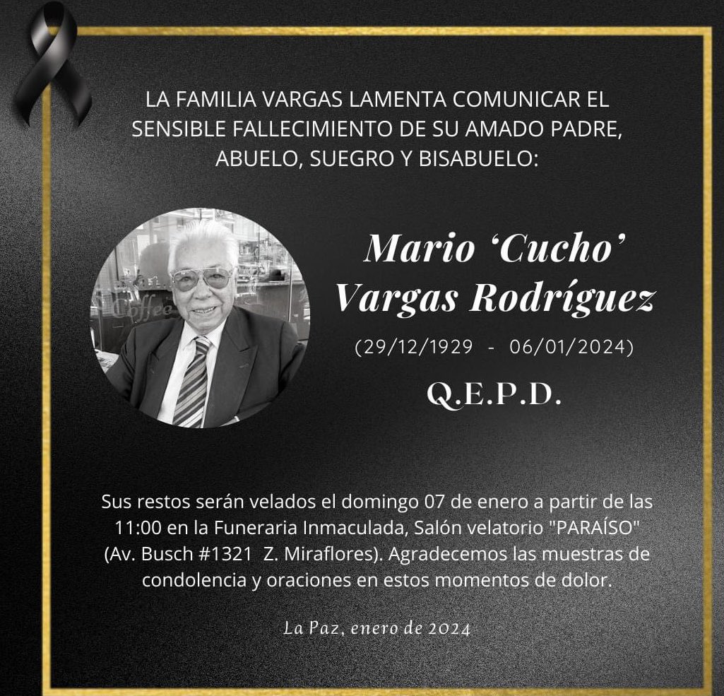 Ha muerto el gran "Cucho" Vargas, ícono del periodismo deportivo de Bolivia. Relator, comentarista, conductor de TV, escritor. Ha partido a los 94 años. Nos queda su gran legado, sus grandes enseñanzas, sus buenos ejemplos. Su recuerdo