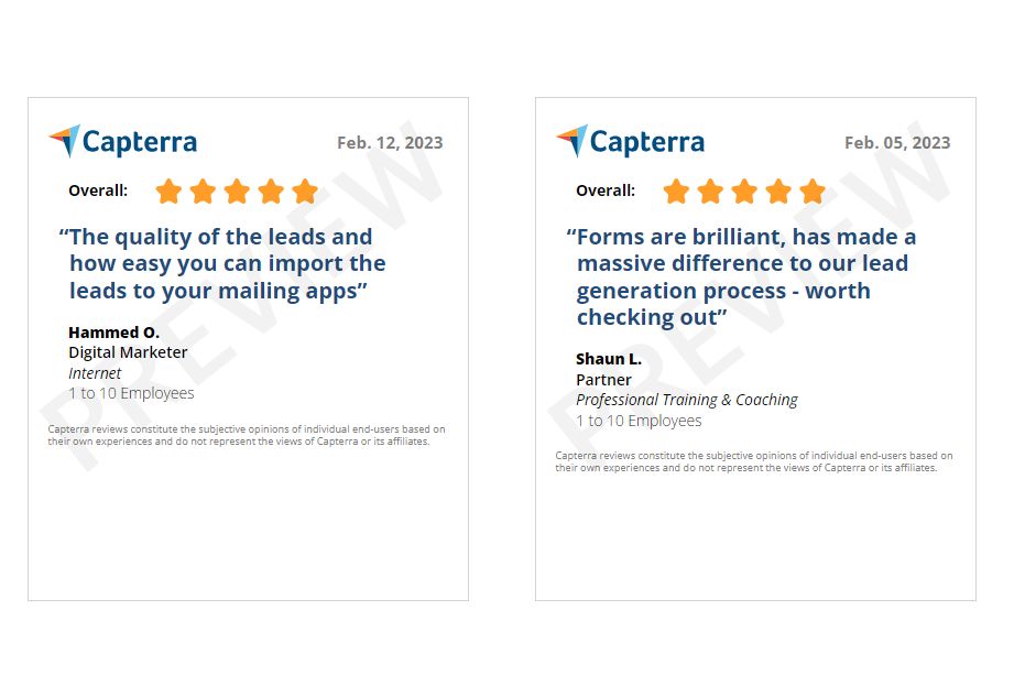 🌟 Insight into our 5-star Capterra reviews! 🌟
We're thrilled to share our Capterra profile with you. Explore the world of high-converting online forms and see why we're making waves in lead generation.
🔗 Check out our Capterra profile now: lnkd.in/egujAicA

#LeadGenApp