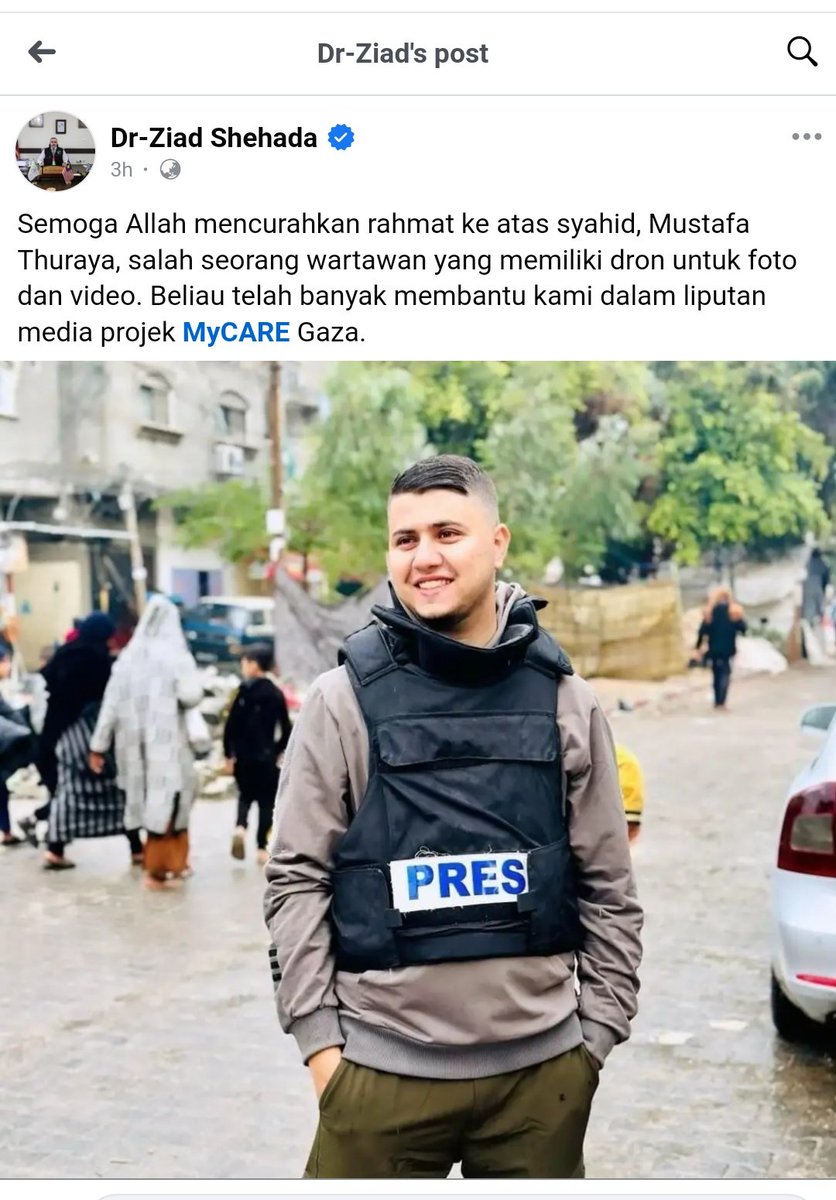 mycarehq's tweet photo. Dr Ziad update  wartawan Mustafa Thuraya     yang telah banyak membantu dalam liputan gambar video projek MyCARE di Gaza telah syahid sebentar tadi.  Allahuakbar. https://t.co/LjcdqsS5NO