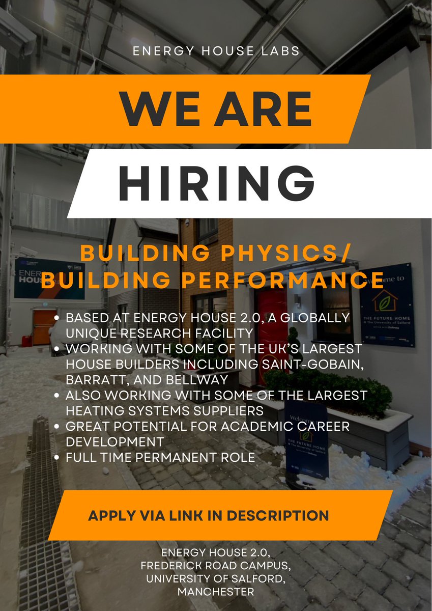 We’re #hiring! 

A great opportunity to join the team at @ehl_salford, working at our globally unique facility @energy_house2

Candidates must have #buildingperformance or #buildingphysics experience, or a dynamic energy modeller with practical experience

universityofsalford.tal.net/vx/mobile-1/ap…