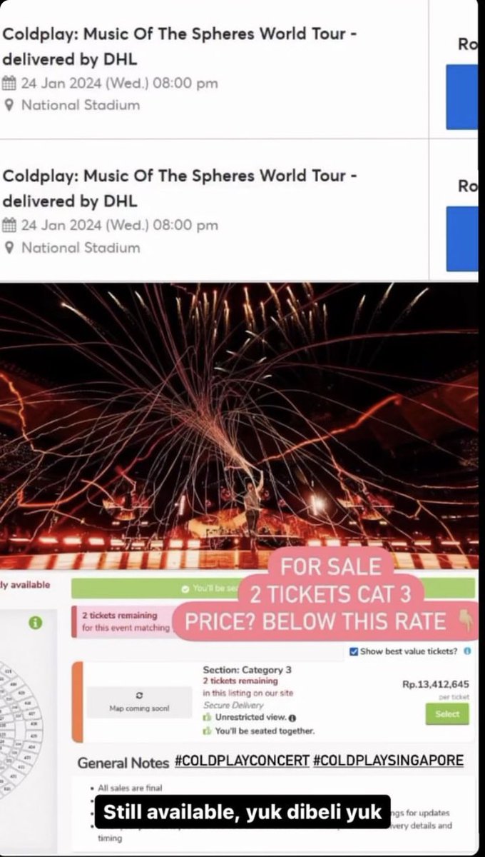 fufuyeyeah's tweet photo. wts want to sell ticket COLDPLAY

2 tickets CAT 3, singapore 24 january

reason to sell: can't attend due to work

fyi ini tiket temenku ya gaes, terpercaya, boleh tanya2 via dm dulu

price bisa nego, ini dilepas rugi biar cepet kejual

#COLDPLAYinSG #WTScoldplayinSG https://t.co/5SffRY8AHw