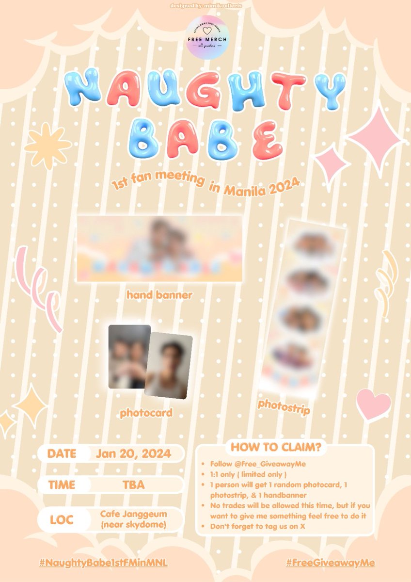 Free_GiveawayMe's tweet photo. Details are already posted 
Due to limited quantity I won't be trading this time ❤️ but if you want to give me something feel free to do so. Thank you 💜
Time will be annouced on dday
See you all soon 🥰 
#FreeGiveawayMe 
#NaughtyBabe1stFMinMNL https://t.co/L4zHUkJu76