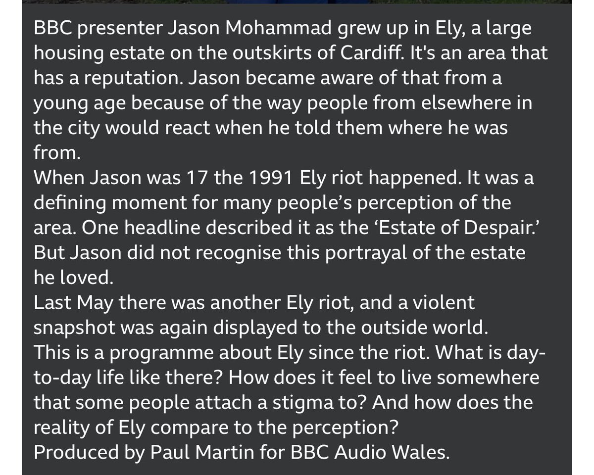 jasonmohammad's tweet image. Tonight on @BBCRadio4 - my documentary on Ely will be broadcast.

Thank you to the many contributors who make it a compelling listen - including Stuart from One Community Ely &amp;amp; some fantastic young people.

Diolch o galon.

It’s very moving radio. Please listen in💙

#bbcradio4