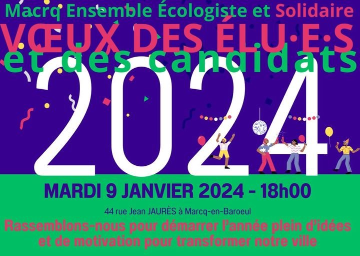 marcqensemble's tweet photo. Nous sommes heureuses et heureux de vous convier aux vœux de Marcq Ensemble, Ecologiste et Solidaire ce mardi 9 janvier à 18h00. 

Au 44 rue Jean Jaurès à Marcq-en-Baroeul https://t.co/7m1Kf6SUuu