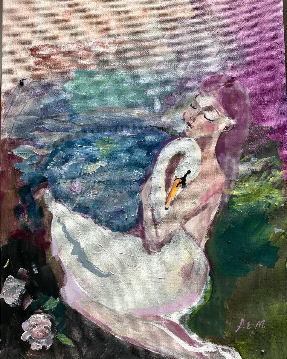 FrancescaEsmee's tweet photo. Woman and the swan 🦢 oil on canvas with a tiny touch of procreate 🎨 
.
.
.
.
.
#selfportrait #oilpainting #artist #organicart #oils #texture #art #femaleart https://t.co/GjcO9kVM2I