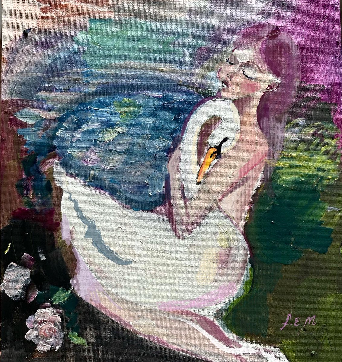 Woman and the swan 🦢 oil on canvas with a tiny touch of procreate 🎨 
.
.
.
.
.
#selfportrait #oilpainting #artist #organicart #oils #texture #art #femaleart