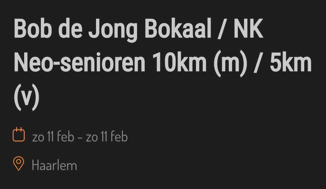 Zondag 11 februari 2024 het NK Neo-senioren lange afstanden. 
ook Junioren A en senioren kunnen strijden om de Bob de Jong Bokaal.
@Viking + janvanderhoorn.nl 

schaatsen.nl/kalender/2024/…