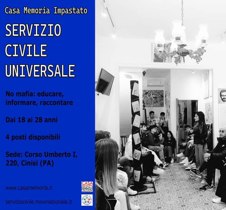 Servizio civile a Casa Memoria!
4 posti
dai 18 ai 28 anni.
507 euro al mese 
25 ore settimanali circa su 6 giorni la settimana
Da Maggio 2024 per 12 mesi.
Sede: C.so Umberto I, 220, Cinisi (PA)
Domanda entro il 15 Feb. con SPID
casamemoria.it/casa-memoria-s…