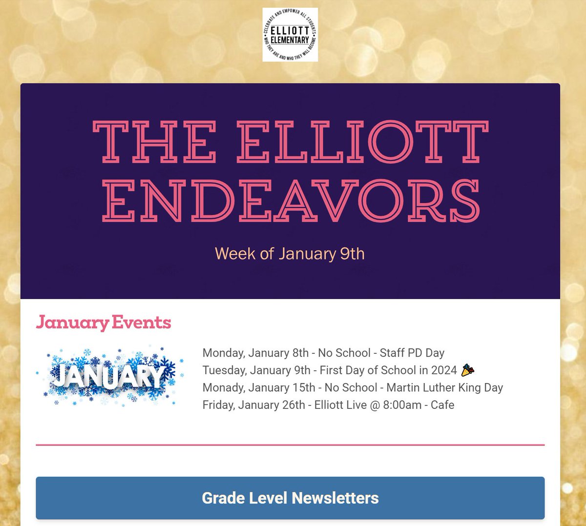 Happy New Year! We can't wait to see our students on Tuesday, January 9th! Please read our weekly newsletter: smore.com/9g3h2.