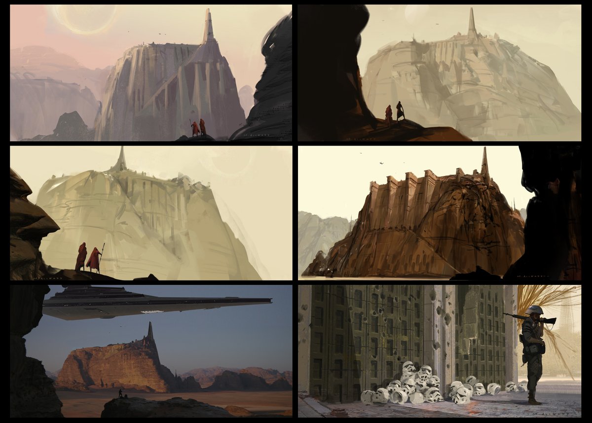 Jedha started as a bunch of loose sketches below. Eventually we found the desert mesa with a triangular temple peeking out the top. This happened whilst Gareth Edwards sat beside me experimenting. It felt very Ralph, so we went with it. #StarWars #Rogueone #Jedha #conceptart