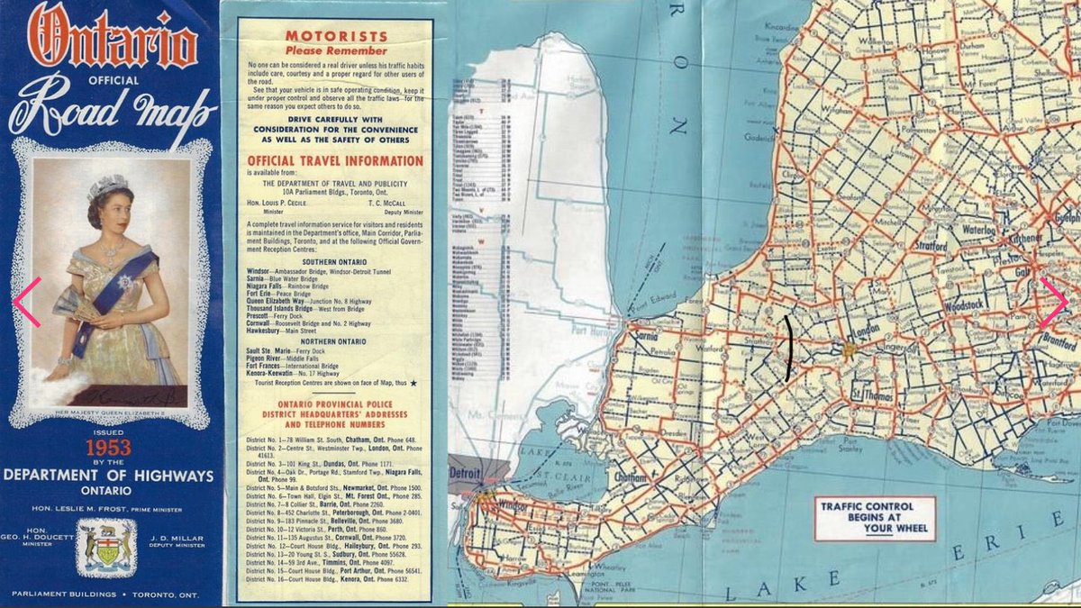 COnassis's tweet image. Official Ontario Road Map issued by the Ontario Department of Highways in 1953 to commemorate the Coronation of Elizabeth II, Queen of Canada