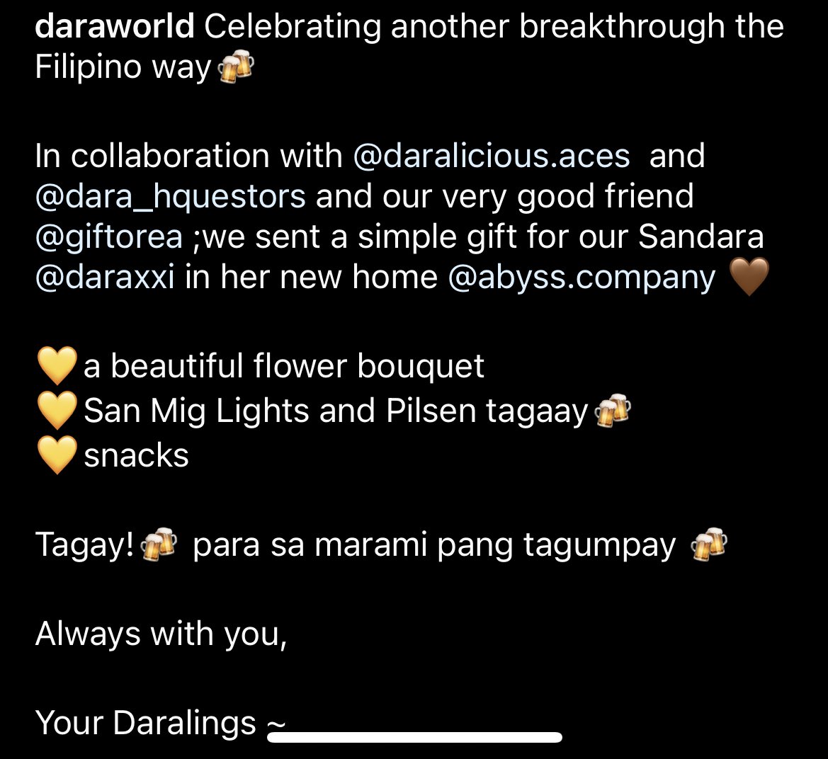 Remember our gift (<a href="/DaraliciousAces/">𓆩♤𓆪 DARAlicious Aces 𓆩♡𓆪</a>  <a href="/darong_hq/">Dara's HQ🌷</a> ) for ati <a href="/krungy21/">Sandara Park</a> in her new home <a href="/ABYSS_COMPANY/">ABYSS COMPANY</a> ? 

Shot puno🍻