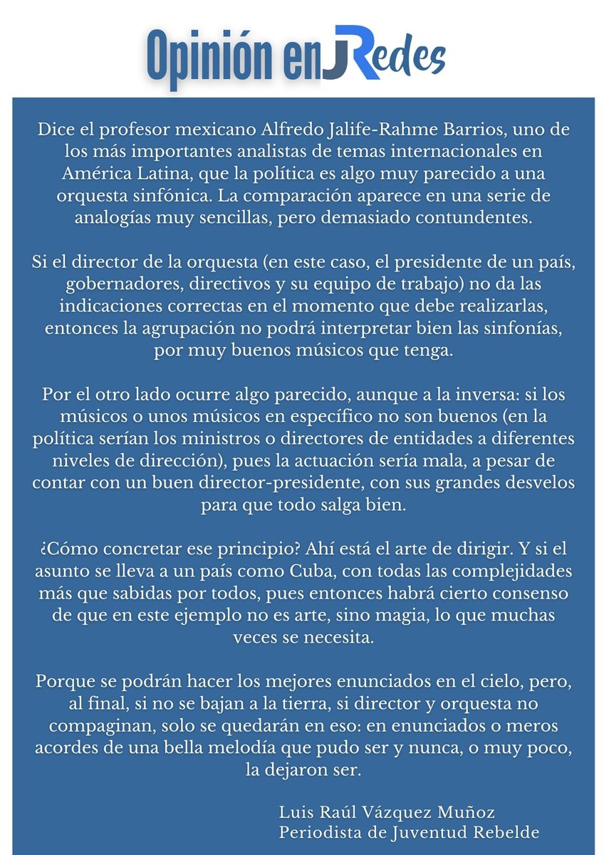 En #OPINIÓN de @JuventudRebelde este domingo 7 de enero de 2024, nuestro corresponsal @luisuhjrebelde propone reflexionar sobre el arte de dirigir, consensos necesarios y la urgencia que este tema tiene para #Cuba en estos tiempos. #EstaEsLaRevolucion juventudrebelde.cu/opinion/2024-0…