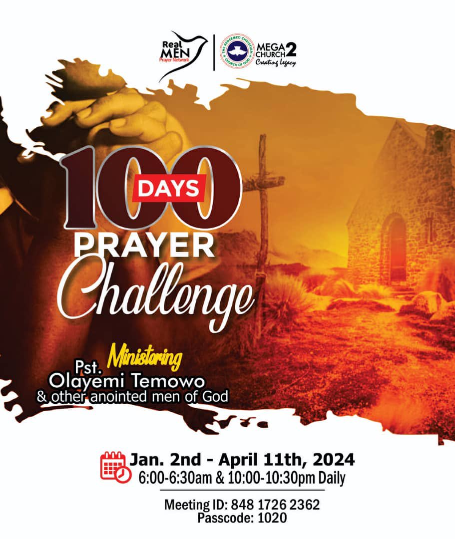 rccgmega2's tweet photo. Gentle Reminder

*100 DAYS Prayer Challenge*

Click Zoom link
https://t.co/GiFxih6uwM

Meeting ID: 848 1726 2362
Passcode: 1020

 *Don't miss it, and please forward it to others, as we take over the year 2024 for amazing results* https://t.co/uLdNlB9Igf
