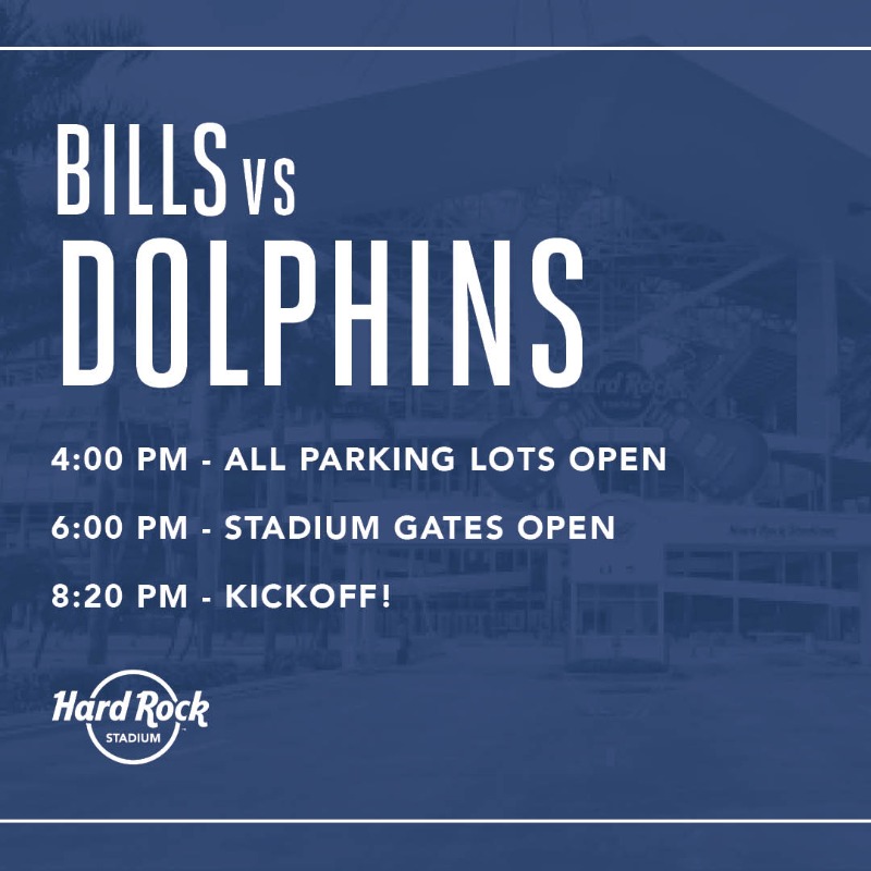 HardRockStadium's tweet photo. Final @MiamiDolphins game of the regular season!

Here are your important times for #BUFvsMIA ⏰