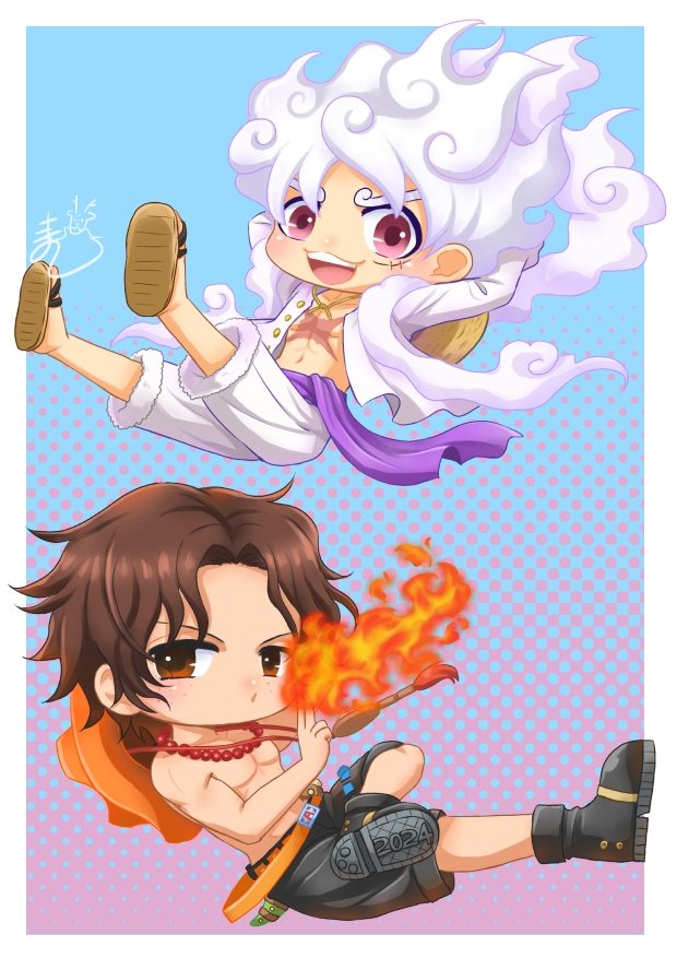 SumuKata's tweet photo. 年が明けて一週間経ちましたので年賀状のイラストを公開します！
龍のイメージがあるサボとモモノスケ（のパーカーを着たウタちゃん）とサボなら盃兄弟かなとルフィとエースも描きました
サボを困らせたかっただけです笑 https://t.co/hDwRm5k6Pp