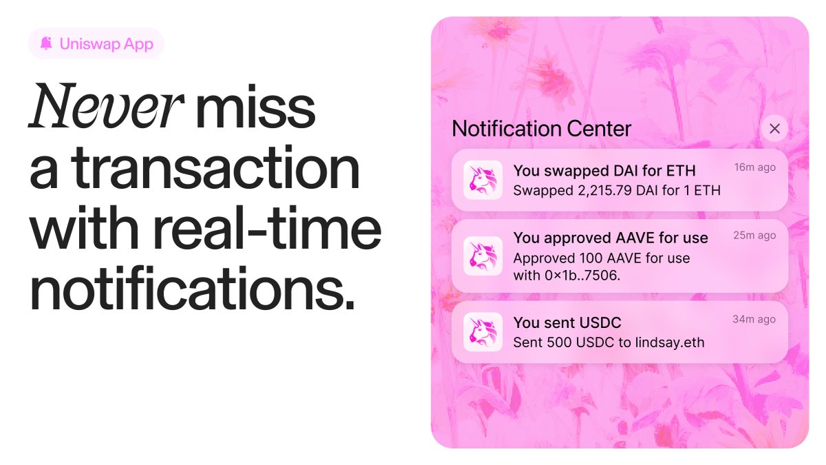 Live notifications on the Uniswap app just got better.

With more detailed transaction notifications — so you’re always in the loop.

Available on iOS and Android. 📱

wallet.uniswap.org