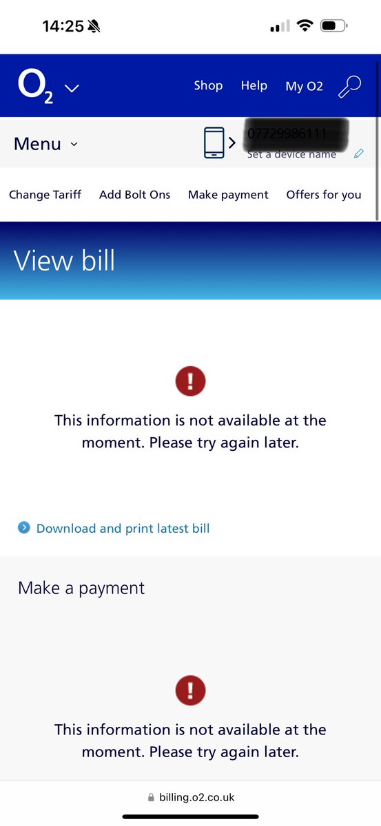 JamesRoberts330's tweet image. Anyone else on @O2 #O2 #O2UK seeing this when trying to view and pay their bills? Having the issue on the O2 website AND #MyO2 app too 🫧