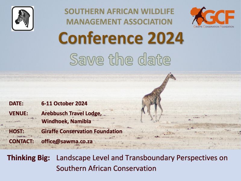 mbbrown62's tweet photo. Save the date. For the first time, the Southern African Wildlife Management Association Conference will be held in Namibia. Cohosted by the Giraffe Conservation Foundation, the theme for this conference will emphasize landscape-level and transboundary perspectives on conservation https://t.co/IxlVHgPxKJ