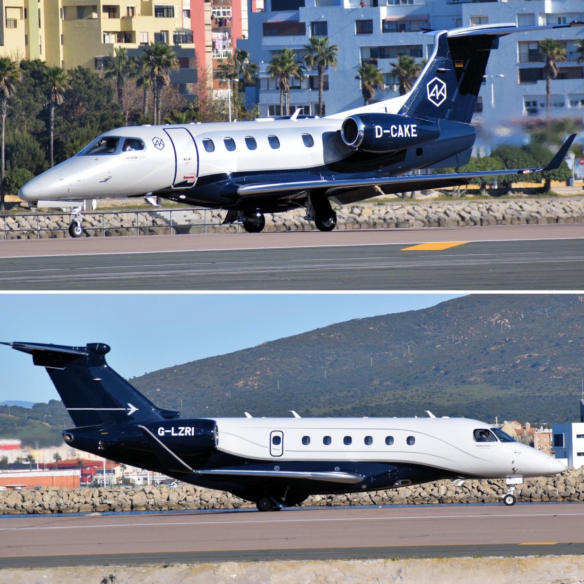 Busy day at #Gibraltar #Airport, captured by Peter Wearne 🙏🏻 two @easyJet @Airbus A320 sporting different liveries and a sleek looking @embraer #Phenom (D-CAKE 🎂😂)