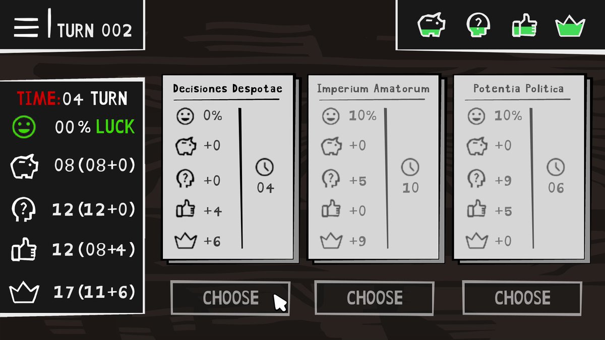 FoxLoafGames's tweet photo. When your stats approach zero, you have the option to choose one of three random decrees that will boost specific stats for a few turns. 📜
You can find more information about #UnitedSectsofAmerica on #Steam 😎 #MadewithFusion #gamedev #IndieGameDev https://t.co/4kaxzXSPfB