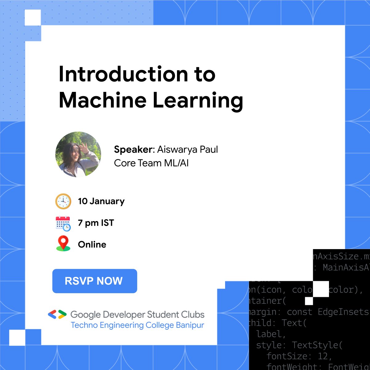 gdsctecb's tweet photo. Join us for an insightful journey into the world of Machine Learning on January 10th at 7:00 PM (IST). 🤖✨ RSVP now 🌐 #MachineLearning #AI https://t.co/iieUNhchCP 🚀 https://t.co/oNNat0R6y6