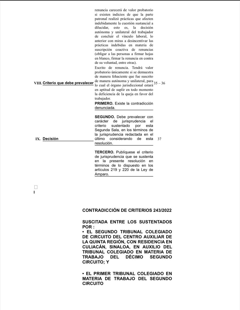 MoraErica's tweet photo. ‼️Valor probatorio del escrito de renuncia laboral. Contradicción de Criterios 243/2023 
📍La Suprema Corte mexicana determinó que el escrito de renuncia del trabajador tendrá valor probatorio únicamente si se demuestra, de manera fehaciente, que fue emitido de manera autónoma y unilateral, para lo cual el órgano jurisdiccional estará en aptitud de suplir en todo momento la deficiencia de la queja en favor del trabajador. #Jurisprudencia 
Liga del engrose: https://t.co/ed7Nhm9tIg
#LaCorteEnCadaDerecho #PeriodismoJurídico