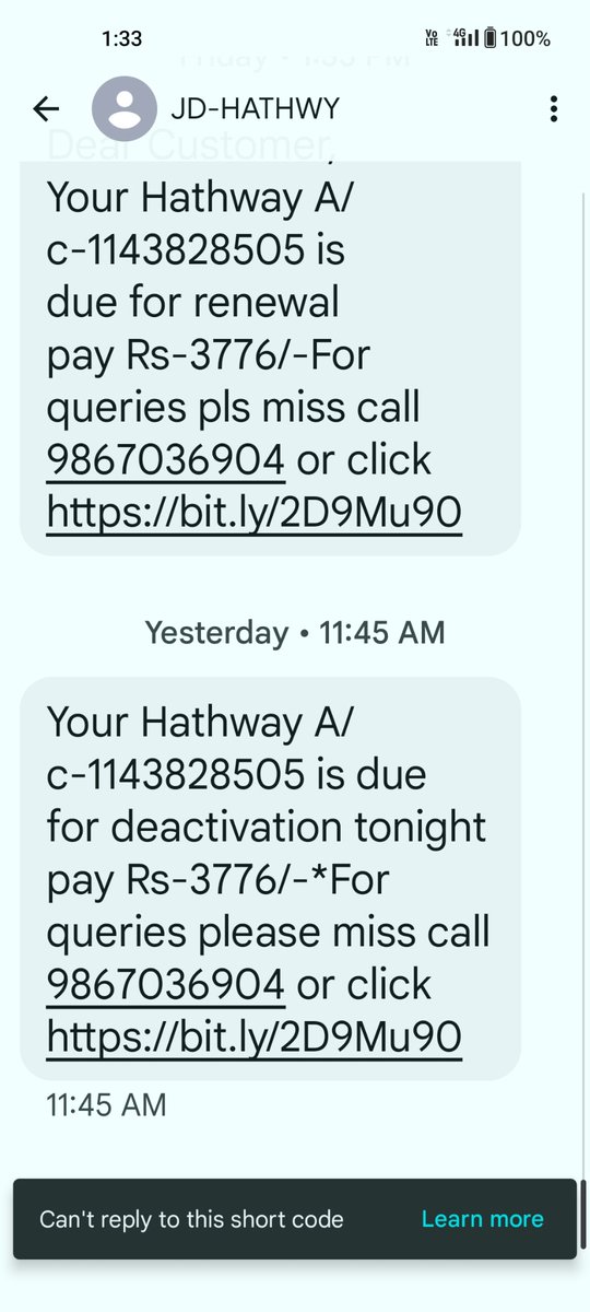 Dipalkumark's tweet photo. @HathwayBrdband 
Id : 1143828505
Plan about to expire on 7/1/24. we have already renewed and paid on 3/1/24 for rs 5197  as shown in application. Receipt generated but still renewal due msg coming and also msg for payment coming.

Do check. https://t.co/h5ZA0isk2o