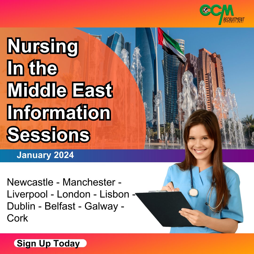 Take the next step in your Nursing Career- Nurse in the Middle East. Join us in Jan for FREE INFORMATION SESSIONS about Nursing In The Middle East. Learn about salary/benefits, how to apply &amp; more! Register at bit.ly/3YUR01o