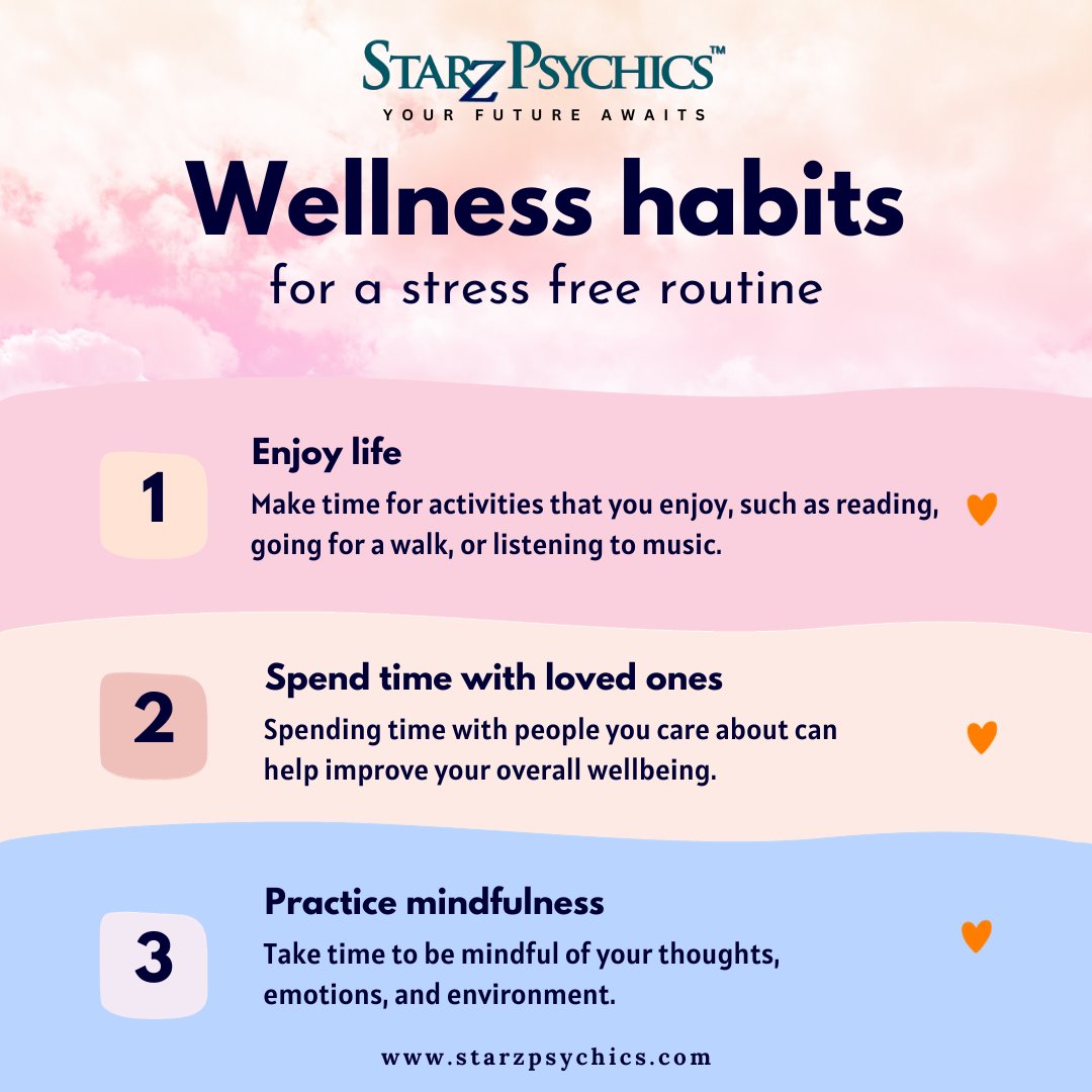 Wellness habits for a stress free routine.
#CosmicWellness #StressFreeLiving #HealthyHarmony #NourishYourSoul #MeditativeMind #WellnessJourney #SerenitySeeker #HolisticHealth #HarmonyWithin #NurturingWellness #wellnesshabits #psychicadvice #starzpsychics #psychicreading