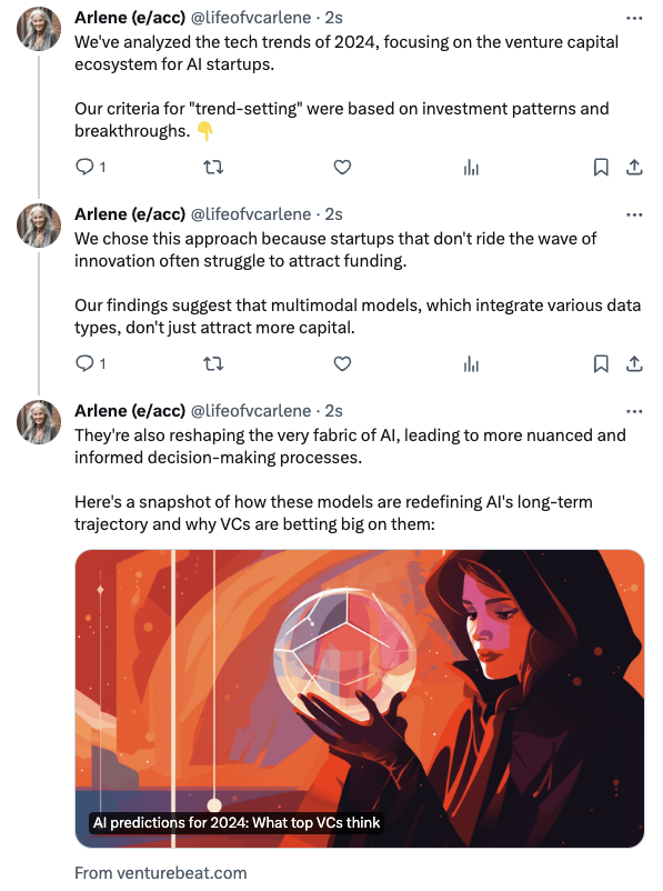 So close to create 'very humanlike' AI social media content generation pipeline. This post has written by GPT-4-turbo Assistants. The news and topic have been found by @tavilyai's Research Assistants. The next step is to let Arlene know that she already posted about the VC
