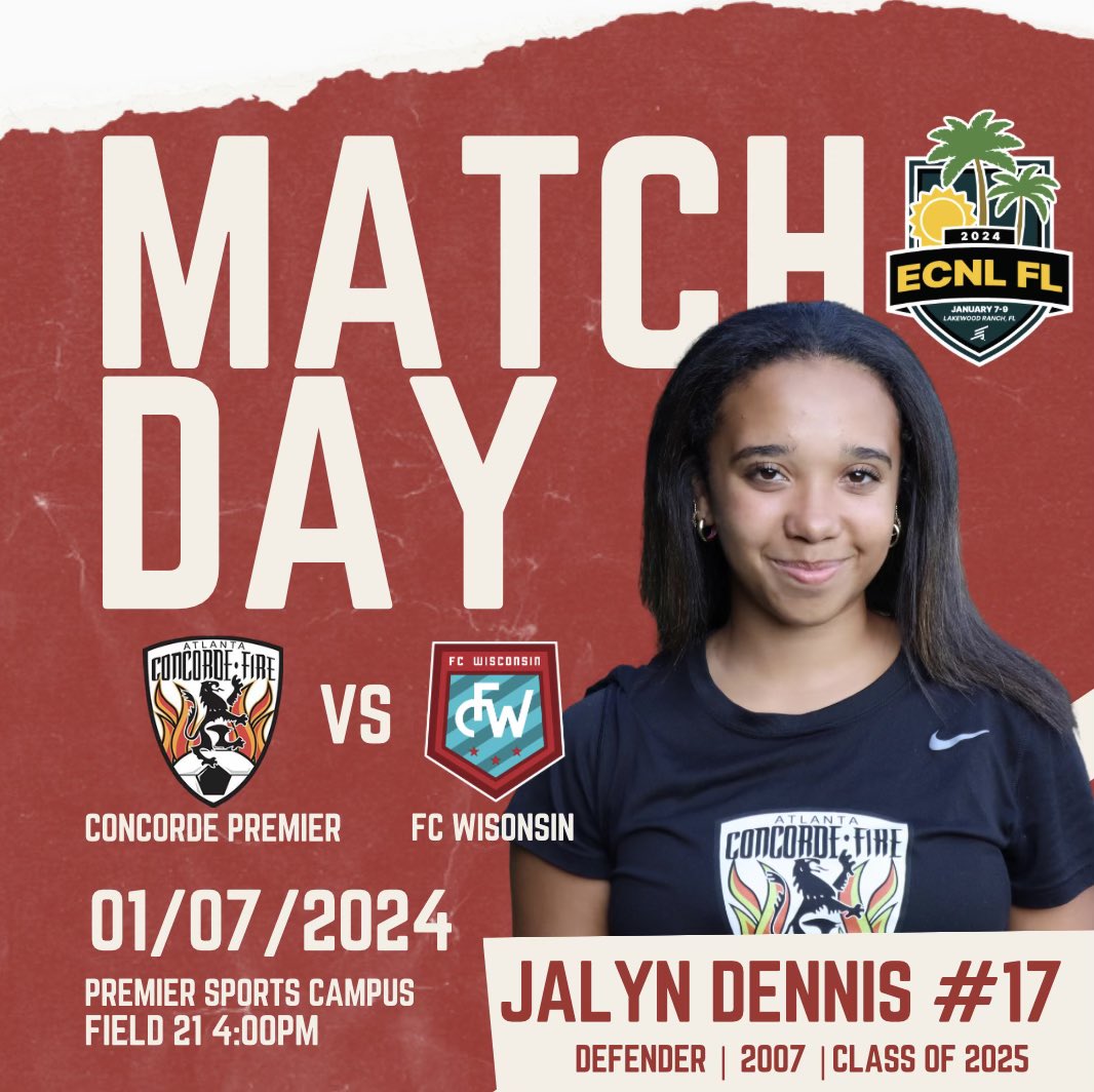 Jalyn Dennis (@jalyndennis43) on Twitter photo Game 1️⃣ of the <a href="/ECNLgirls/">ECNL Girls</a> Florida showcase is soon! #ECNLFL
🆚 FC Wisconsin
⏰ 4pm ET
☑️Kits
📍 Premier Sports Campus - Field #21
<a href="/ConcordeSoccer/">Concorde Fire Soccer</a>
<a href="/ECNLSoutheast/">ECNL Southeast Girls</a> <a href="/TopDrawerSoccer/">TopDrawerSoccer</a> <a href="/TheSoccerWire/">SoccerWire</a>
<a href="/ImYouthSoccer/">ECNL/GA/Recruiting/College Soccer</a>
<a href="/PrepSoccer/">Prep Soccer ⚽️</a>
<a href="/ImCollegeSoccer/">College Soccer Truth ™</a> Game 1️⃣ of the <a href="/ECNLgirls/">ECNL Girls</a> Florida showcase is soon! #ECNLFL
🆚 FC Wisconsin
⏰ 4pm ET
☑️Kits
📍 Premier Sports Campus - Field #21
<a href="/ConcordeSoccer/">Concorde Fire Soccer</a>
<a href="/ECNLSoutheast/">ECNL Southeast Girls</a> <a href="/TopDrawerSoccer/">TopDrawerSoccer</a> <a href="/TheSoccerWire/">SoccerWire</a>
<a href="/ImYouthSoccer/">ECNL/GA/Recruiting/College Soccer</a>
<a href="/PrepSoccer/">Prep Soccer ⚽️</a>
<a href="/ImCollegeSoccer/">College Soccer Truth ™</a>