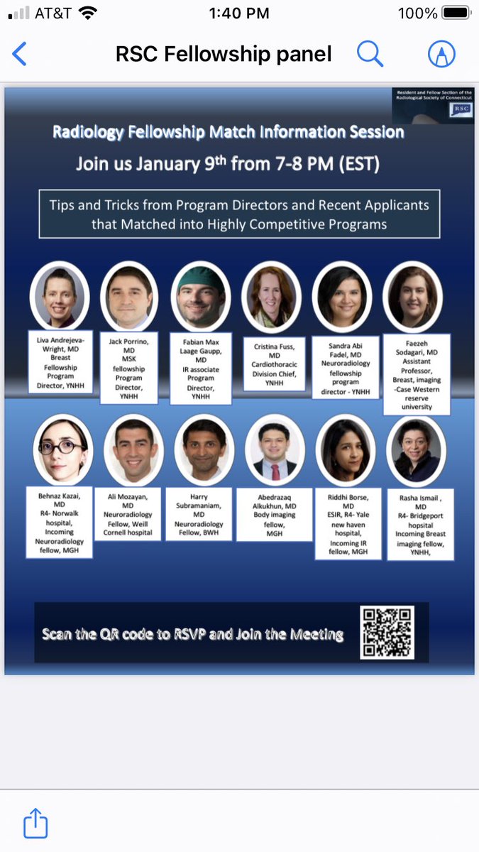 Please join us for our Radiology Fellowship Match Information session Tuesday January 9th 7-8 pm EST. Tips and Tricks from our program directors and recent applicants who matched into highly competitive programs. Scan the QR to RSVP and join the meeting .