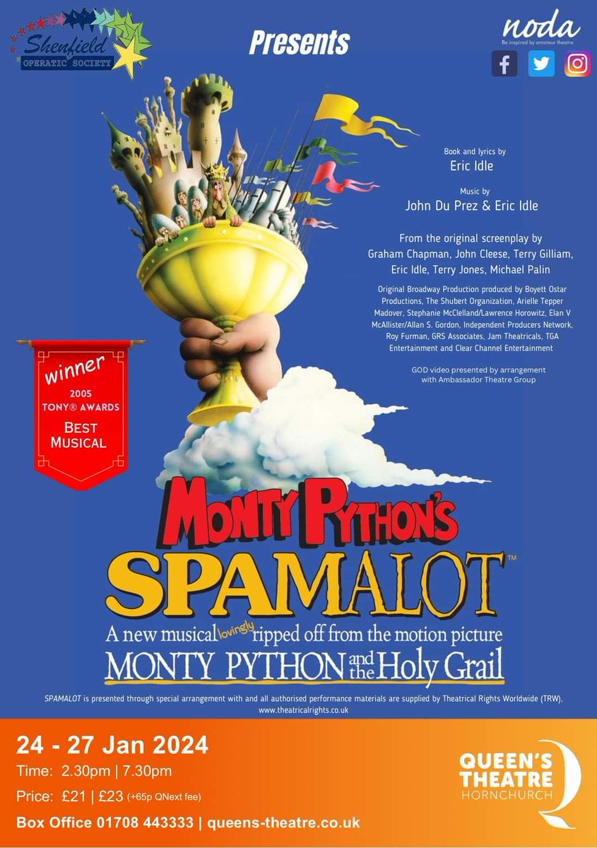 Monty Python's Spamalot.
Queens Theatre, Hornchurch.
24th - 27th January, 2024.
Tickets on sale.

queens-theatre.co.uk/whatson/spamal…